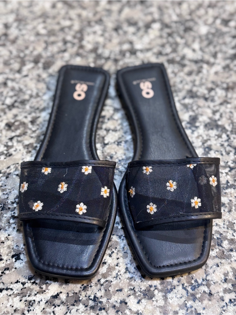 SO Black Floral Mesh Slide Sandals with White and Yellow Accents